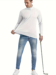 Men's Grey Long Sleeve Polo Shirt Casual Mid Stretch Lapel Button Up Polo Shirt