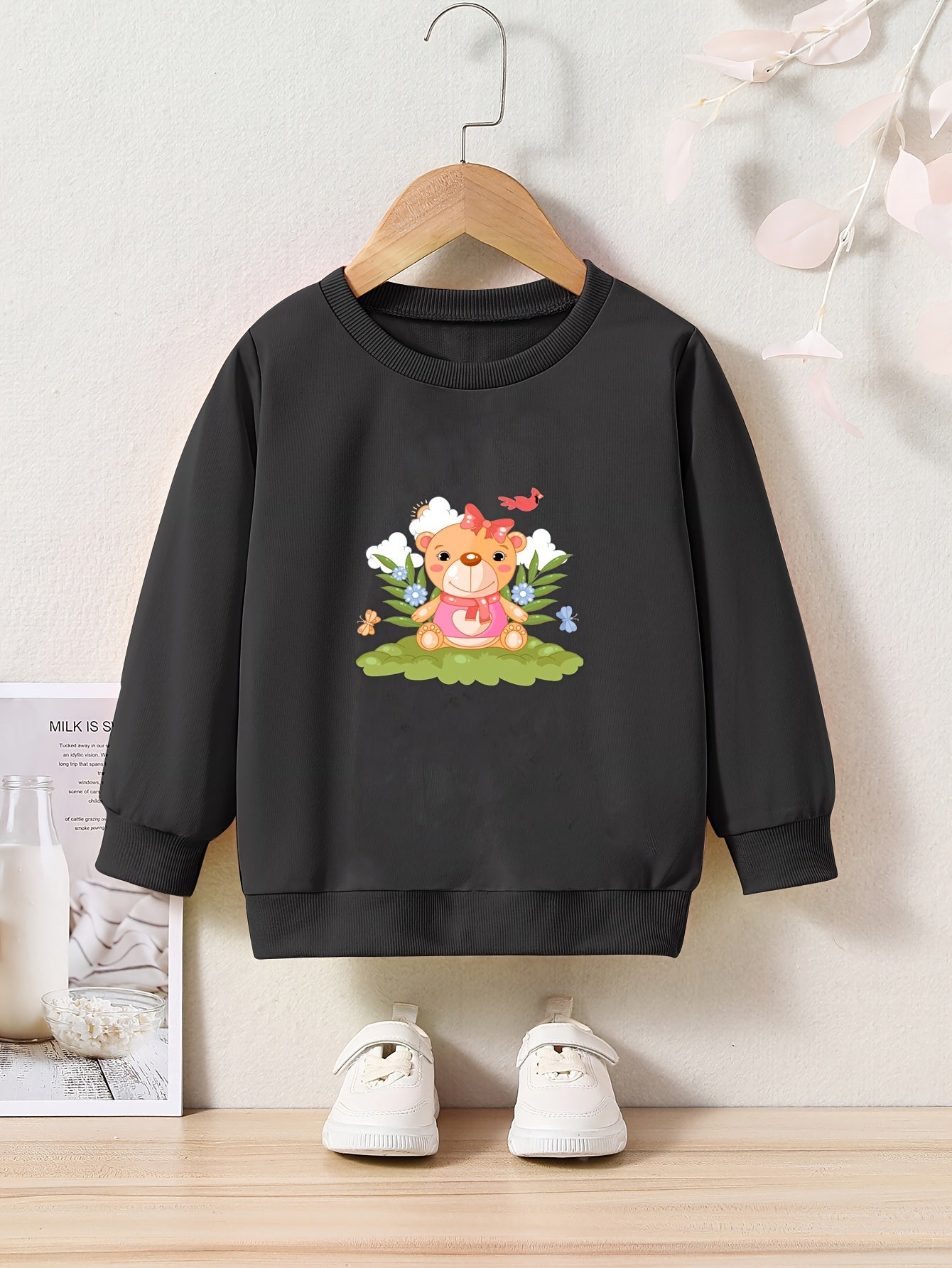 Bear Doll Print Girls Pullover Sweatshirt Long Sleeve Crew Neck Tops