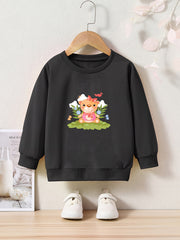 Bear Doll Print Girls Pullover Sweatshirt Long Sleeve Crew Neck Tops