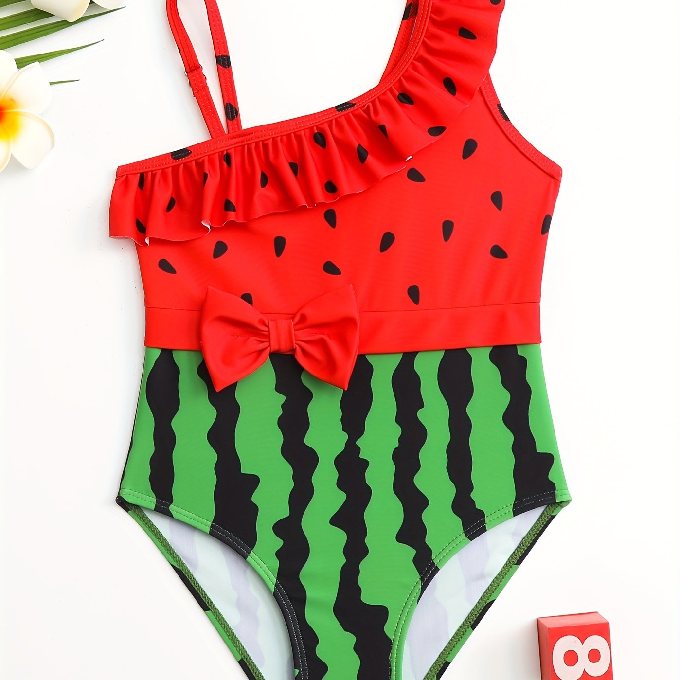 Toddler Girls Watermelon Asymmetrical Neck One Piece Swimsuit