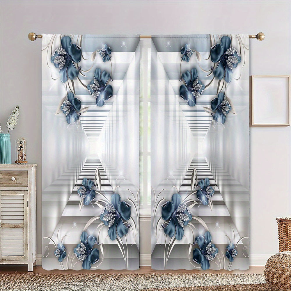 2pcs Flower Rod Pocket Printed Curtain for Home Decoration