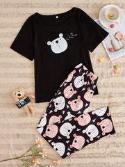 Cartoon Print Pajama Set Short Sleeve Top & Pants