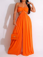 Wide Leg Halter Neck Jumpsuit Ruched Cut Out Jumpsuit