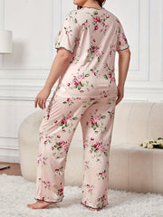 Floral Print Pajama Set Women's Round Neck Tee & Pants Home Wear