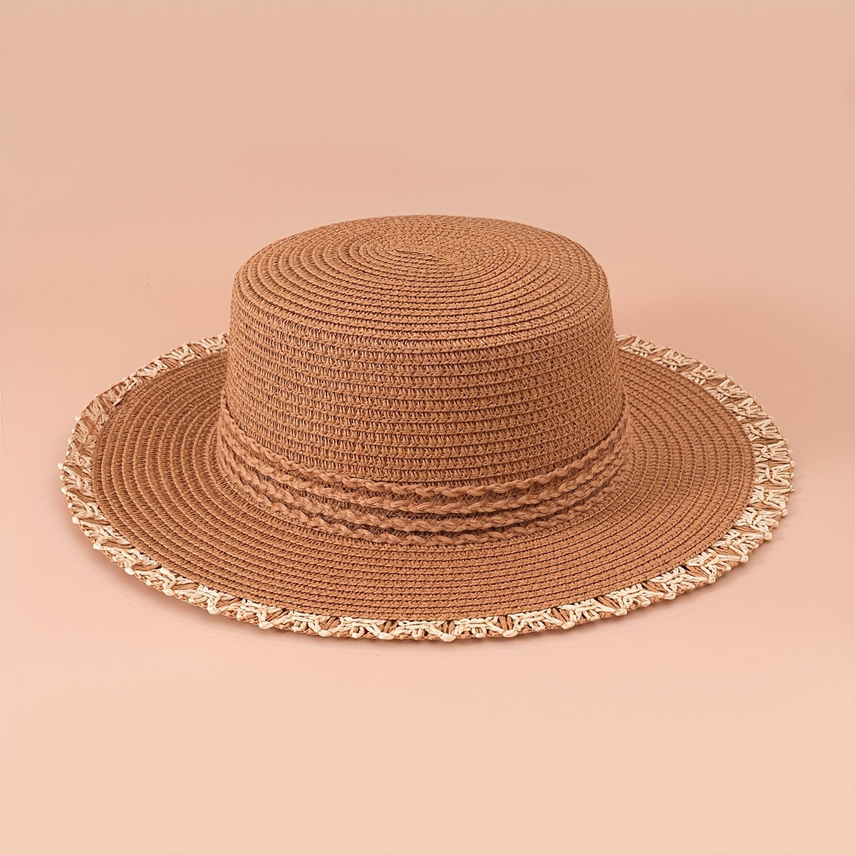 Flat Top Stitching Sun Hat Khaki Wide Brim Sunscreen Straw Hat