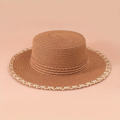 Flat Top Stitching Sun Hat Khaki Wide Brim Sunscreen Straw Hat