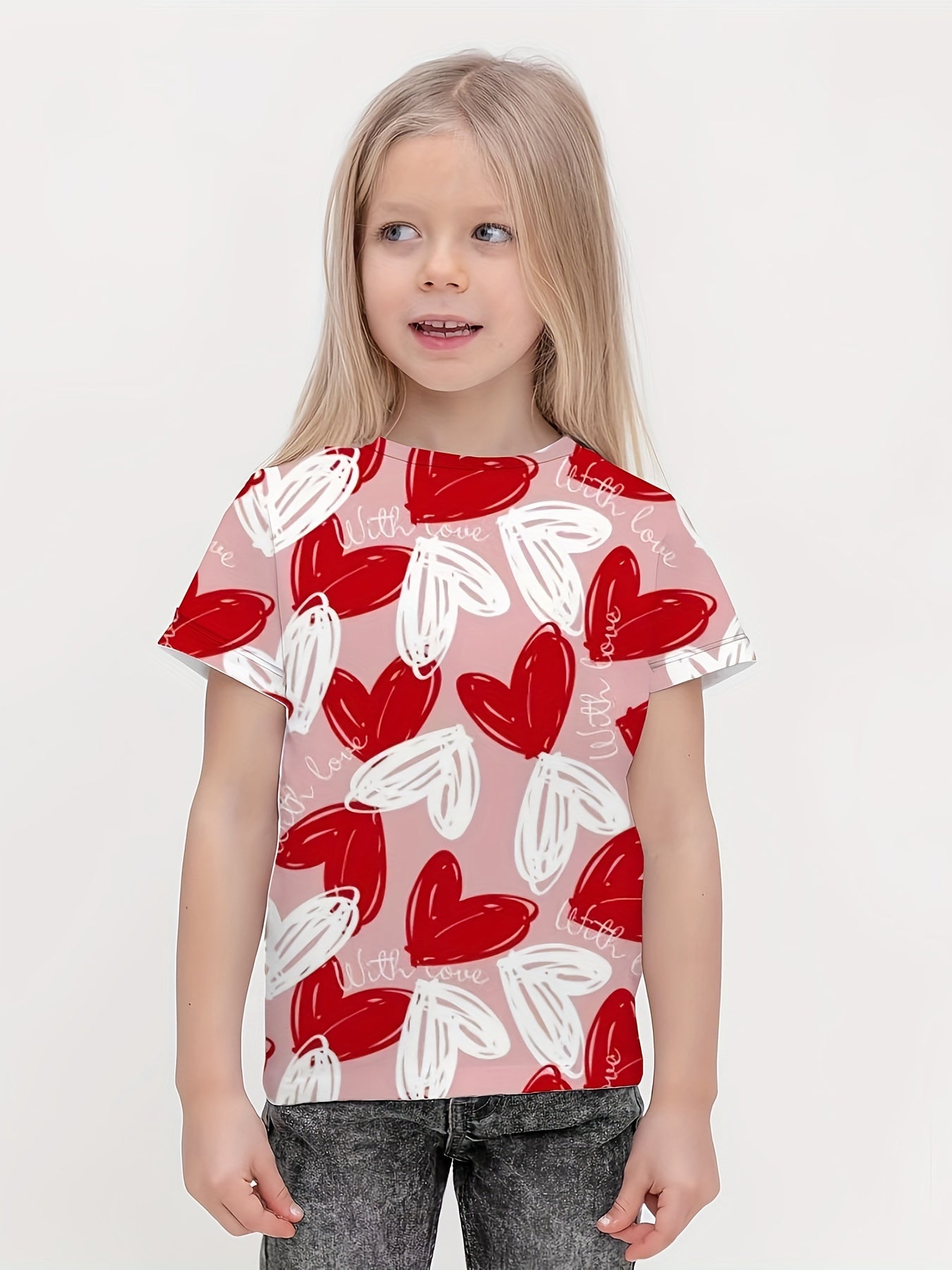 Girls Heart Graphic Crew Neck T shirt Short Sleeve Pullover Summer Clothes