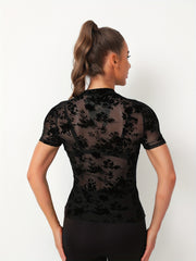 Flower Mesh Round Neck Sports T shirt Breathable Bodycon Short Sleeve Top