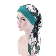 Flower Print Soft Bonnet Silk Head Wrap Women Turban Casual Head Scarf