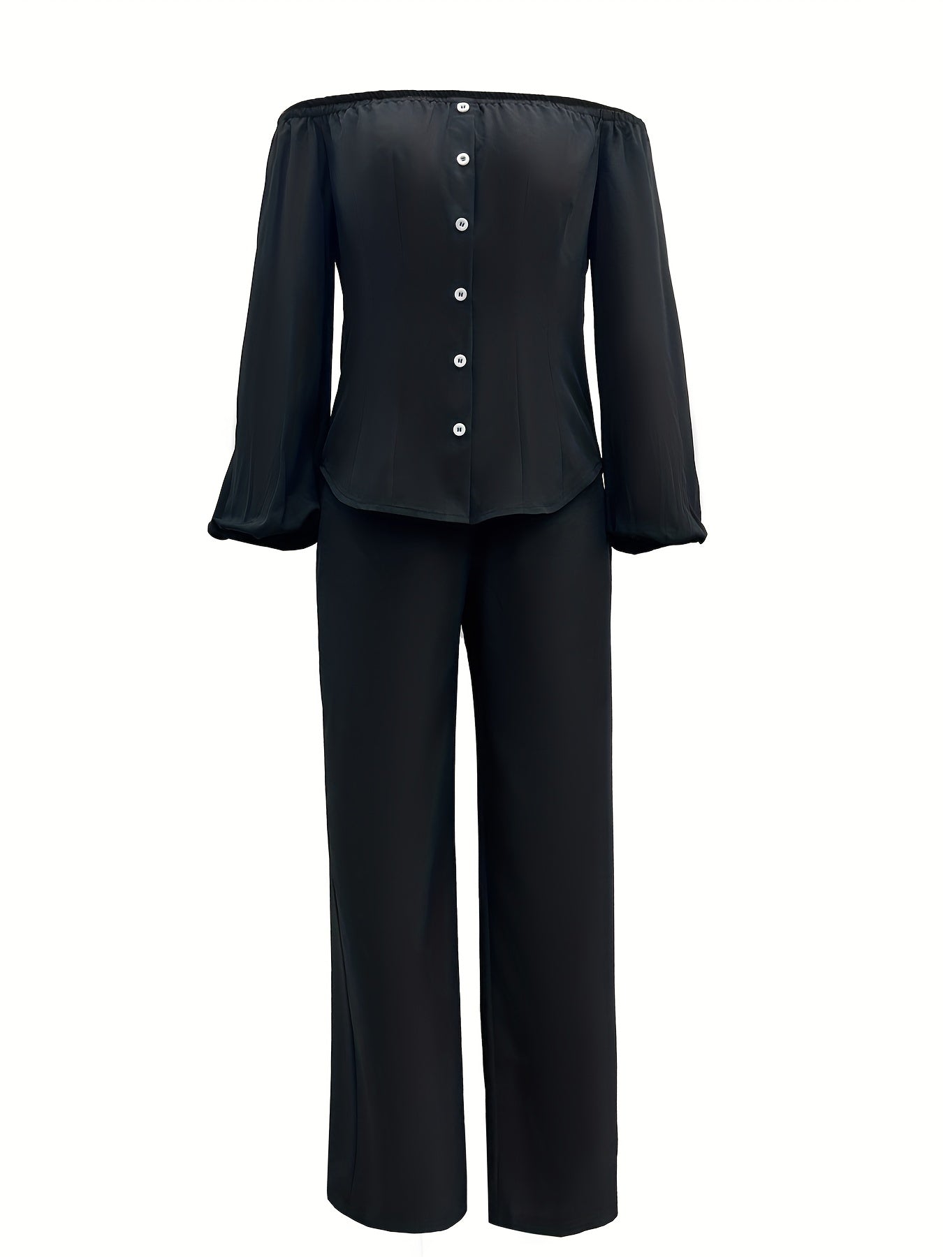 Causal Two piece Set Off Shoulder Lantern Sleeve Button Top & Straight Leg Pants
