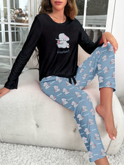 Elephant Print Pajama Set Long Sleeve Top & Pants Women's Sleepwear