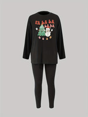 Christmas Pajama Set Snowman & Tree Print Tee & Leggin