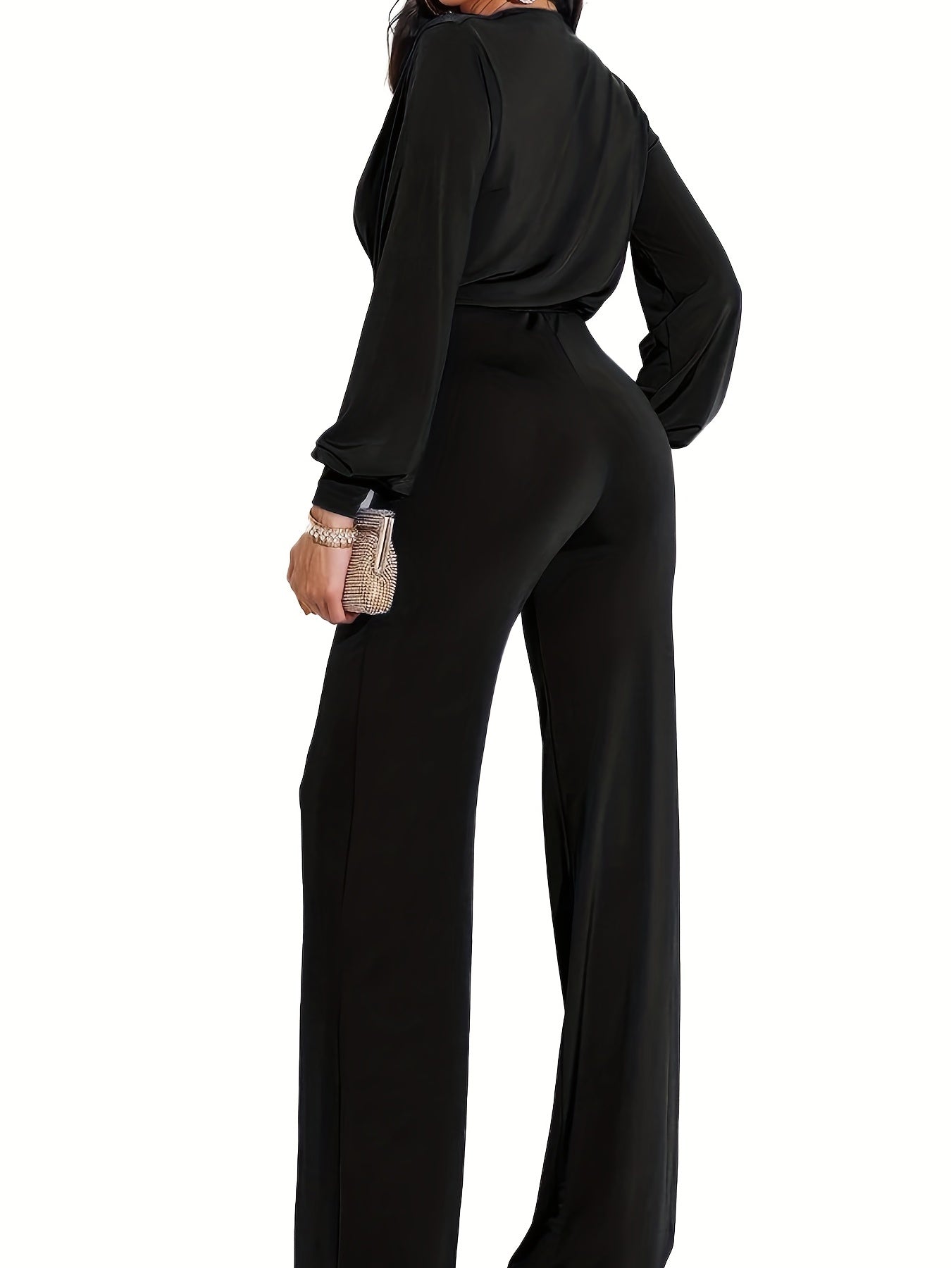 Surplice Neck Belted Wide Leg Jumpsuit Long Sleeve Jumpsuit