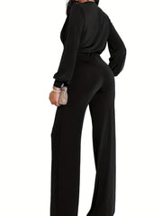 Surplice Neck Belted Wide Leg Jumpsuit Long Sleeve Jumpsuit