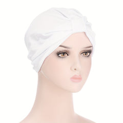 Pleated Square Knot Turban Hat Women Solid Hijab Hat Casual Elastic Head Wrap