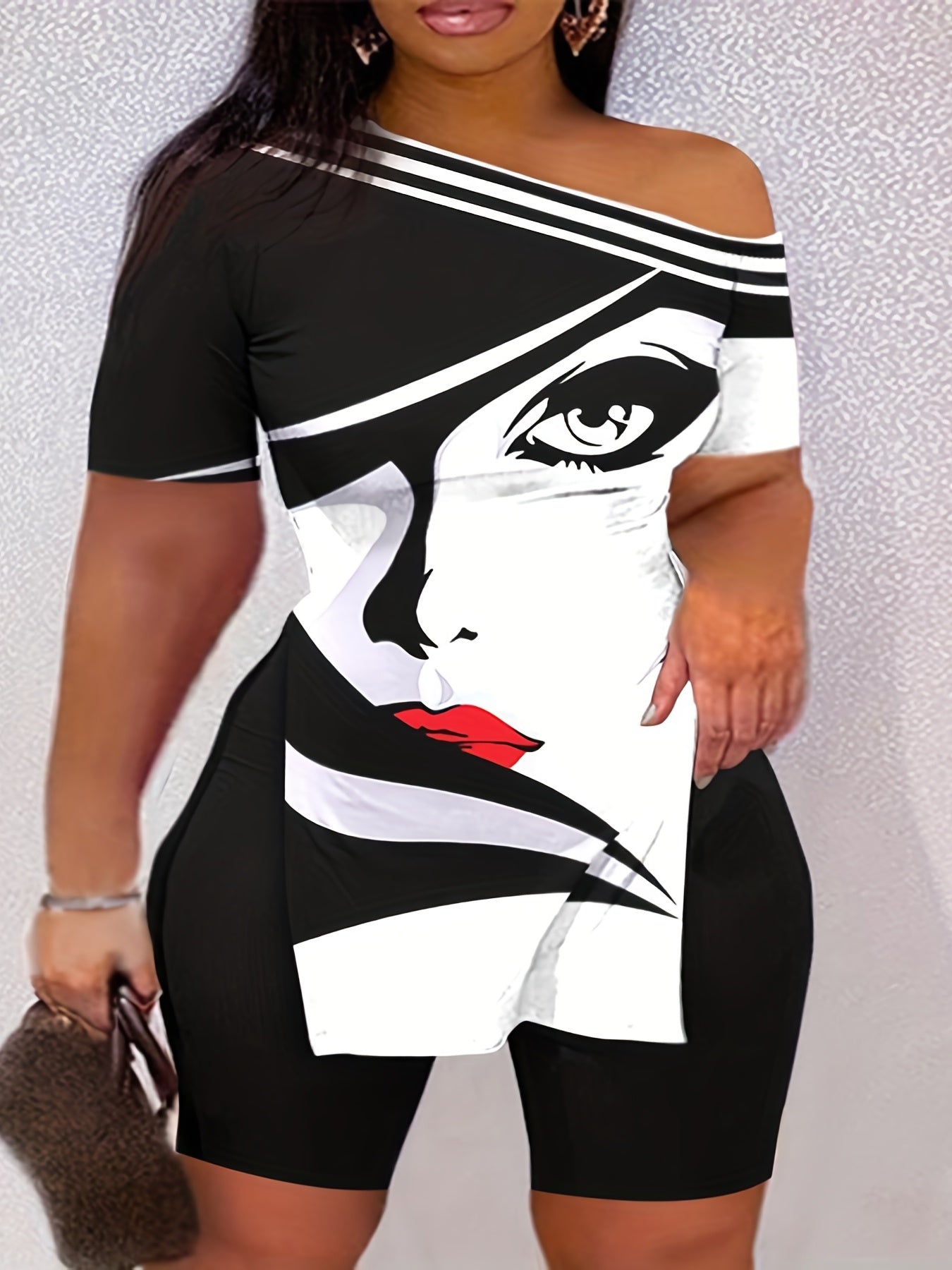 Sexy Cartoon One Shoulder Top & Shorts Set
