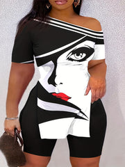 Sexy Cartoon One Shoulder Top & Shorts Set