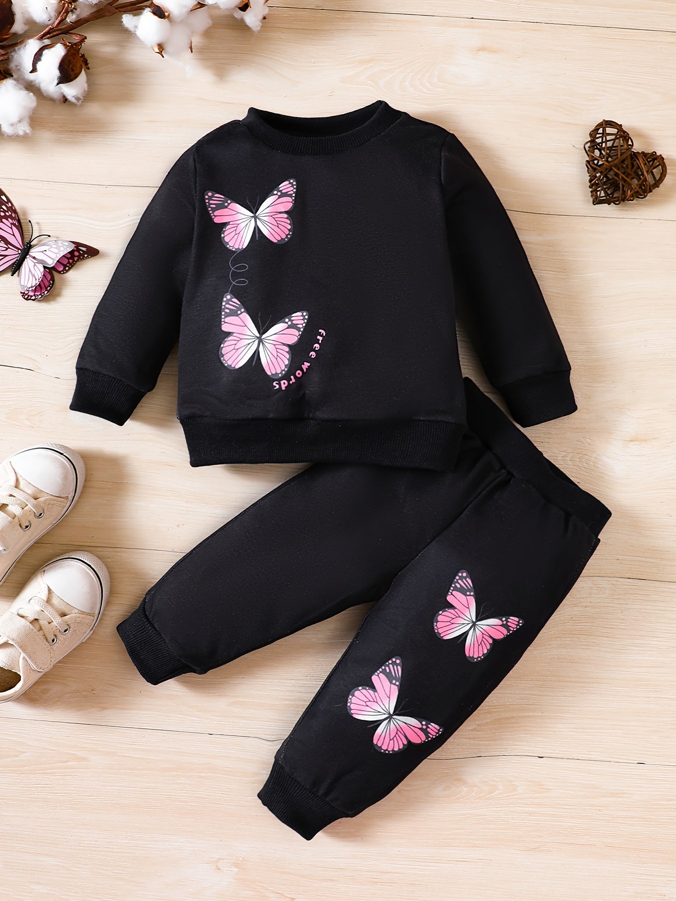 Baby Girl Butterfly Print Sweatshirt Trousers 2pcs Set Kids Pullover Pants