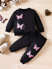 Baby Girl Butterfly Print Sweatshirt Trousers 2pcs Set Kids Pullover Pants