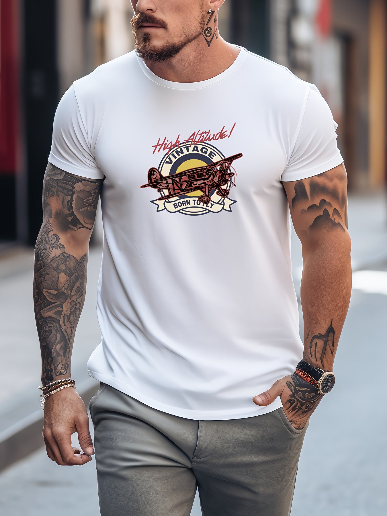 Men's Plane Print Graphic Crew Neck T-shirt for Summer