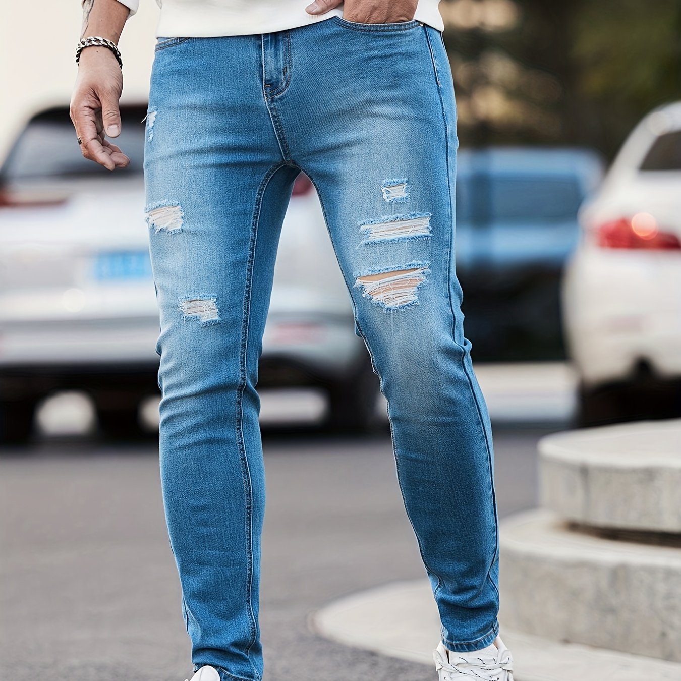 Men's Slim Fit Ripped Denim Jeans with Pockets