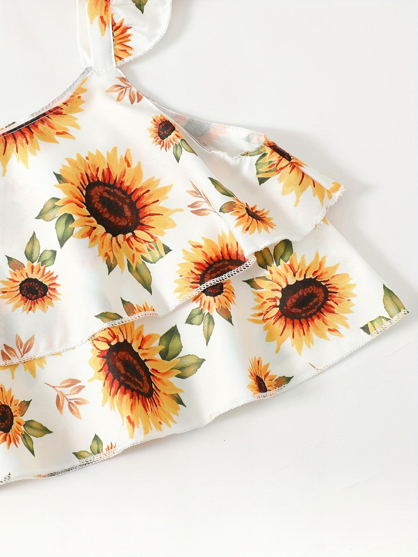 2pcs Girls Sunflower Ruffle Trim Tops & Belted Pants Set