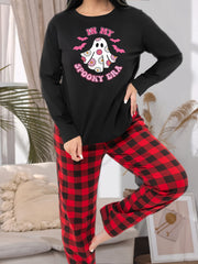 Halloween Pajama Set Women's Floral Ghost & Bat Print Long Sleeve Tee