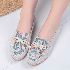 Women's Floral Printed Flat Shoes Comfy Bow Slip On Linen Shoes