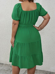 Solid Crinkle Knot Sleeve Square Neck Smock Dress