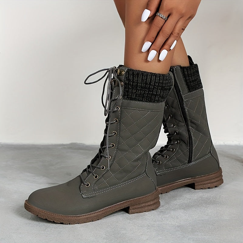 Women's Quilted Mid Calf Boots Lace Up & Side Zipper Round Toe Shoes