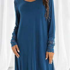 Casual Dress Women's Plus Solid Contrast Lace Long Sleeve Dress