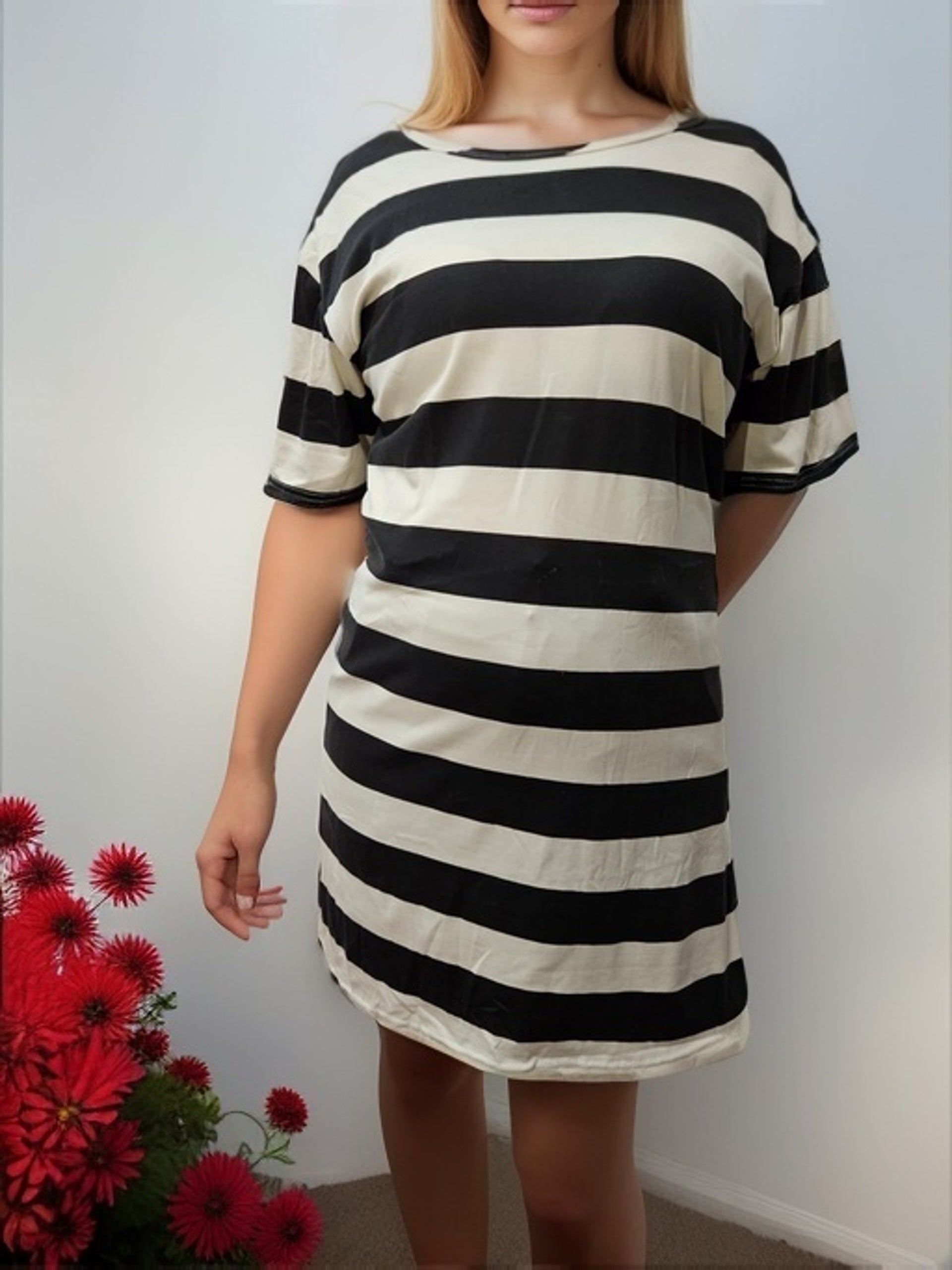 Striped Loose NightDress Short Sleeve Crew Neck Pajama Dress