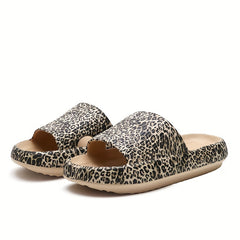 Leopard Print Slides Open Toe Slip On Shoes Women's Comfy Indoor Shoes
