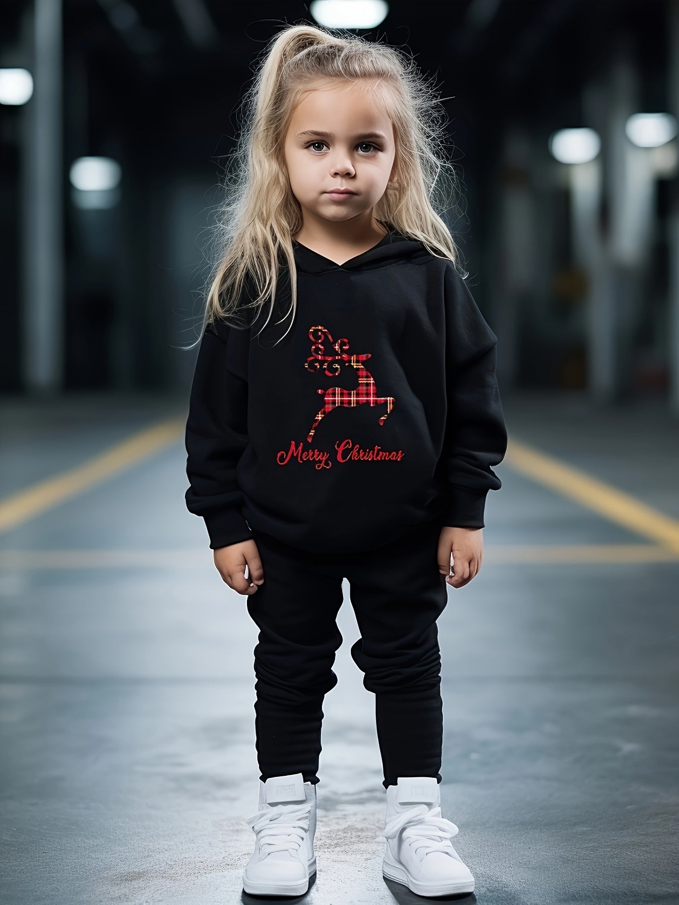 Girls Christmas Elk Hooded Sweatshirt & Sweatpants Set, Kids Clothes