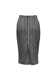 Houndstooth Print Split Skirt High Waist Bag Hip Women's Clothing