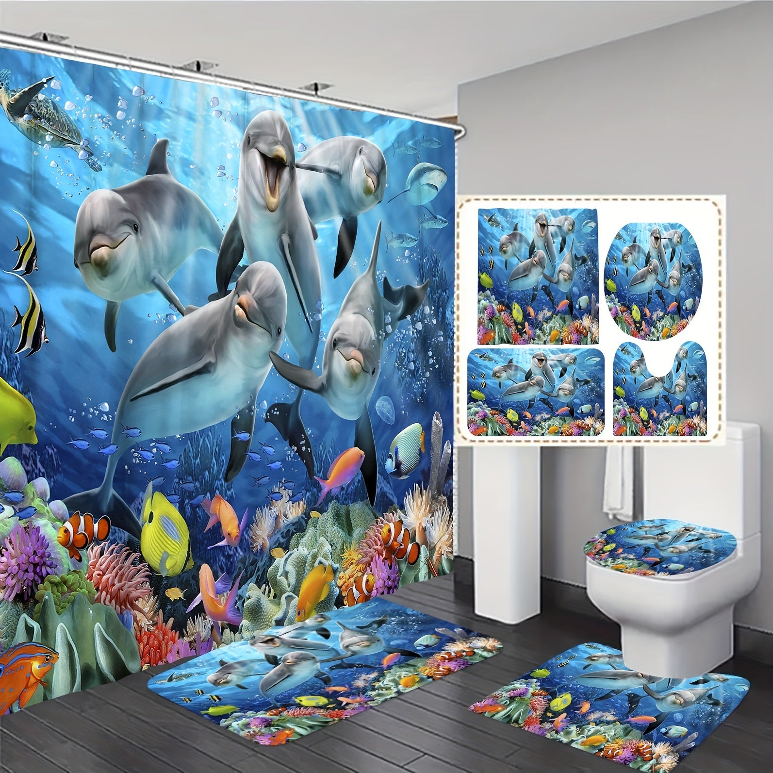 Waterproof Dolphin Shower Curtain Set with Non Slip Bathroom Rug