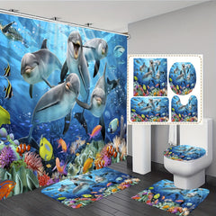 Waterproof Dolphin Shower Curtain Set with Non Slip Bathroom Rug