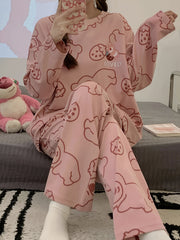 Bear Print Pajama Set Long Sleeve Crew Neck Women's Sleepwear
