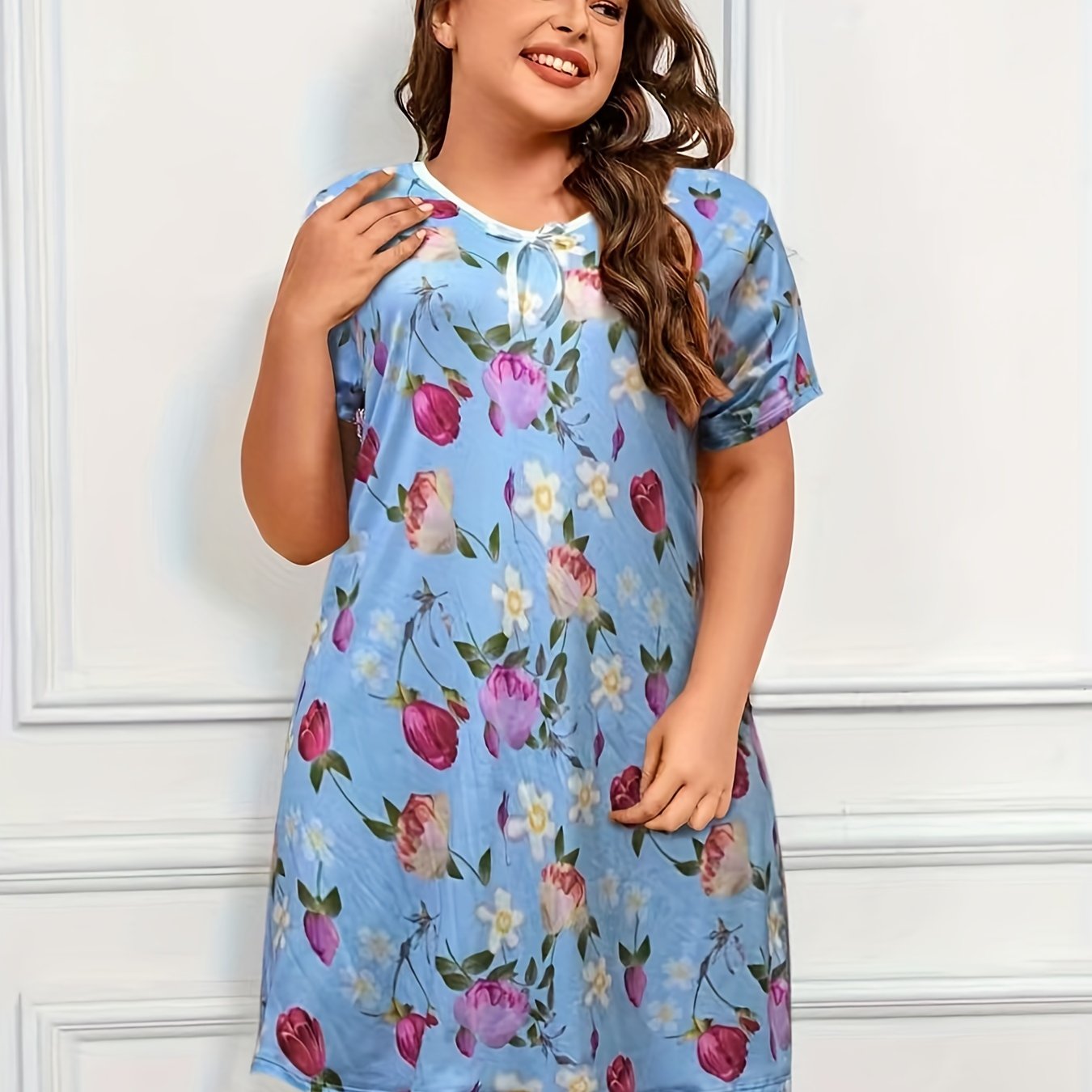 Floral Print V Neck Nightdress with Bow