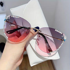 Rhinestone Rimless Sunglasses Gradient UV400 Sun Shades