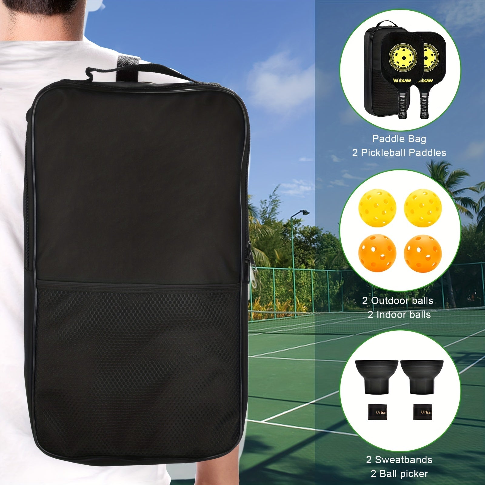 Pickleball Racket Set with Paddles, Balls, Sweatbands, Ball Pickers
