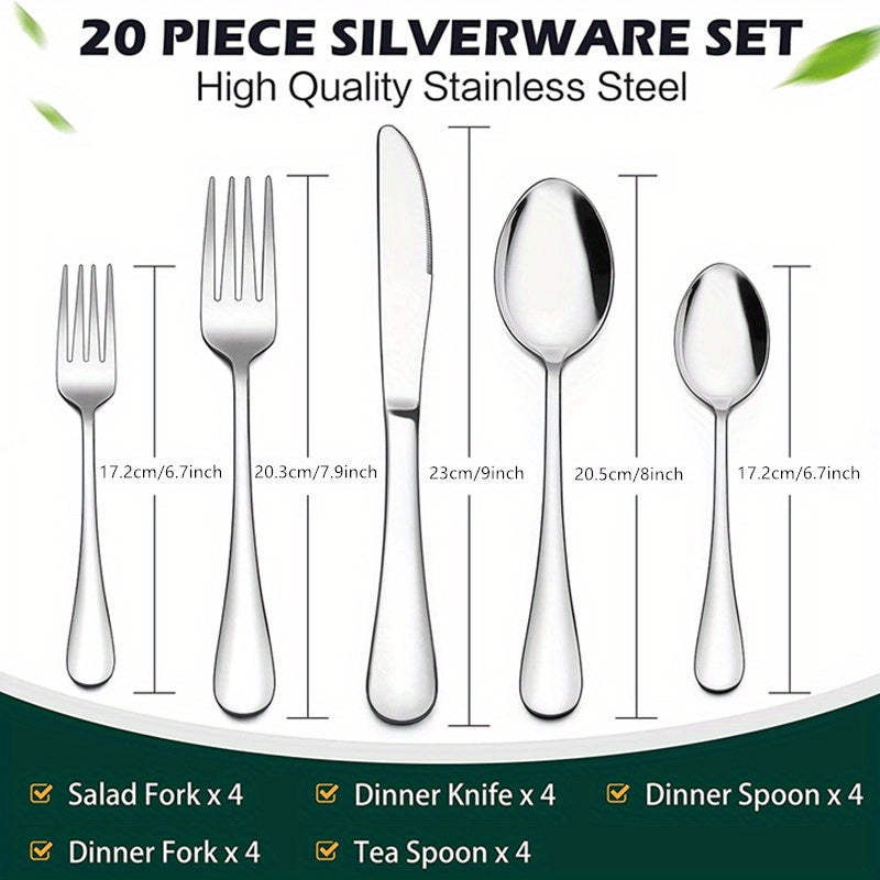 20-Piece Stainless Steel Tableware Set for 4 Persons, Mirror Polishing