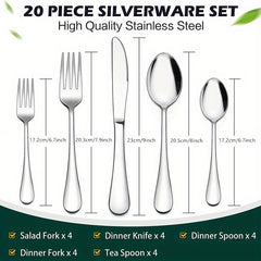 20-Piece Stainless Steel Tableware Set for 4 Persons, Mirror Polishing