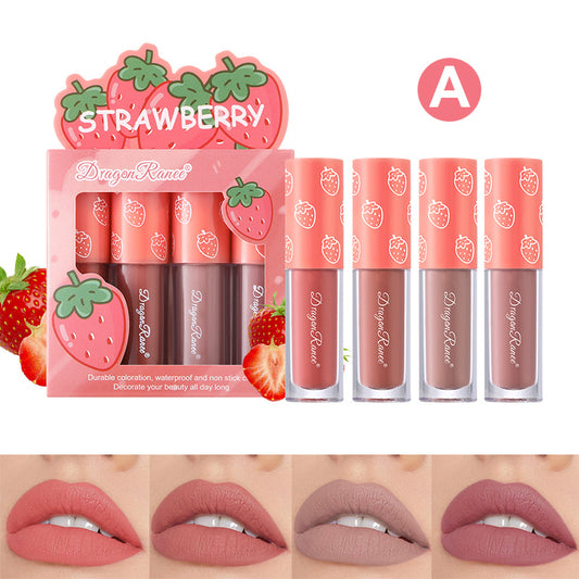 4 Pcs Strawberry Matte Lipstick Set Waterproof