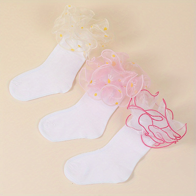 3 Pairs Girls Kids Lace Ruffled Floral Print Sweet Socks Breathable Comfy Socks