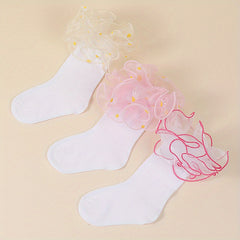 3 Pairs Girls Kids Lace Ruffled Floral Print Sweet Socks Breathable Comfy Socks