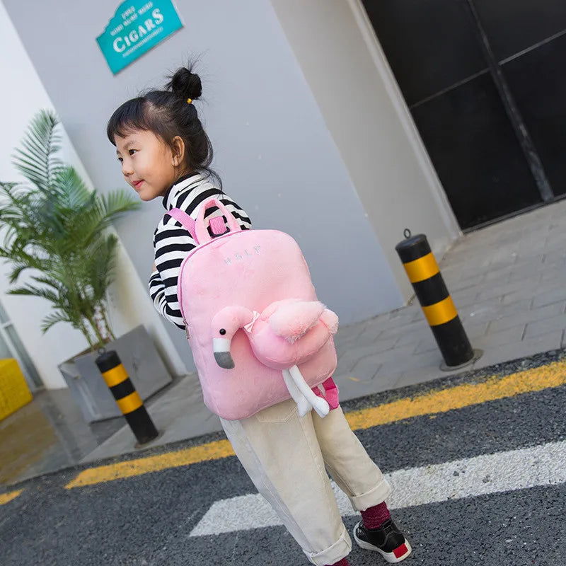 Flamingo Plush Backpack for Kids Pink Grey Small Bag