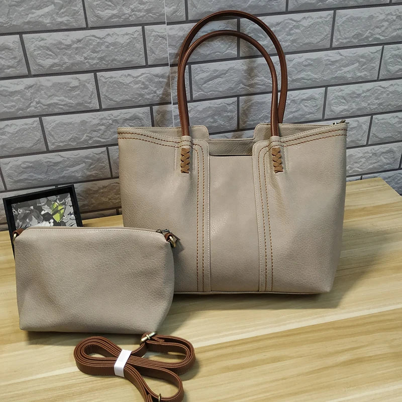 Leather Tote Bag Women Large Capacity Shopper Bag 2 Pcs Set Shoulder Sac a Main