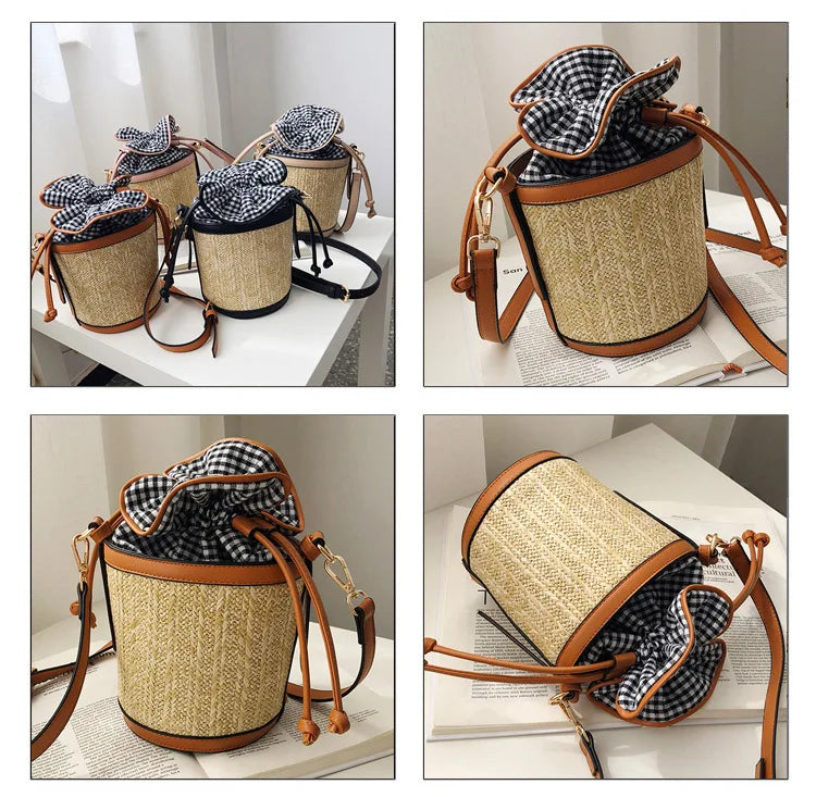 Retro Weave Lattice Leather Bucket Bag for Women