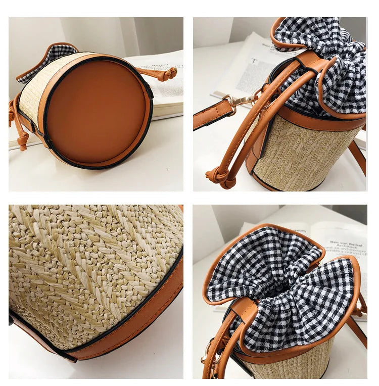 Retro Weave Lattice Leather Bucket Bag for Women
